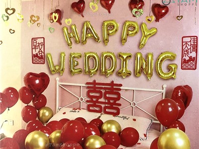 Bộ trang trí phòng cưới Song Hỷ Happy wedding Vàng Đỏ NO.6728