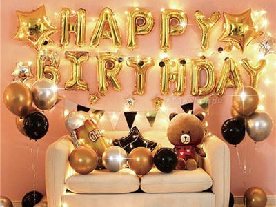 Bộ trang trí sinh nhật có dây đèn Ly bia tông Vàng đen NO.08085