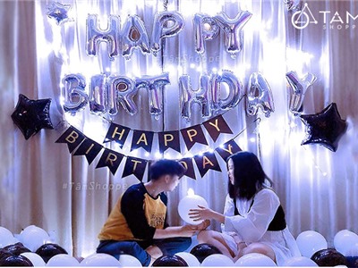Bộ trang trí sinh nhật dây chữ sao bóng tông Trắng đen SN-BTT-04