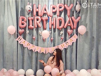 Bộ trang trí sinh nhật thỏ trắng dây chữ tông Hồng SN-BTT-06