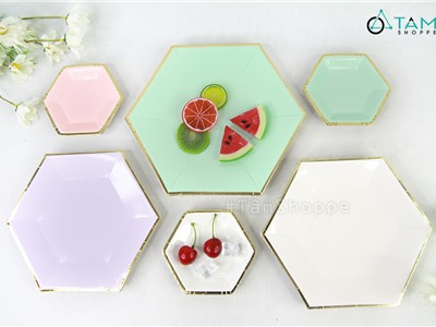 Đĩa giấy trang trí tiệc màu pastel lục giác (Set 08 cái) nhiều cỡ DG-04