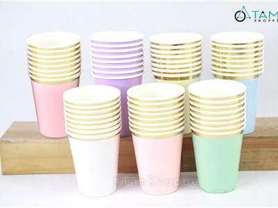 Ly giấy trang trí tiệc màu pastel viền vàng (Set 8 cái) LGIAY-03