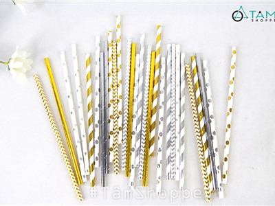 Ống hút giấy trang trí tiệc ép kim vàng bạc (Set 08 cái) OHG-01