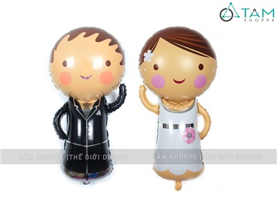 Set 02 bong bóng kiếng cô dâu chú rể trắng đen 80cm BBK-CDCR-01