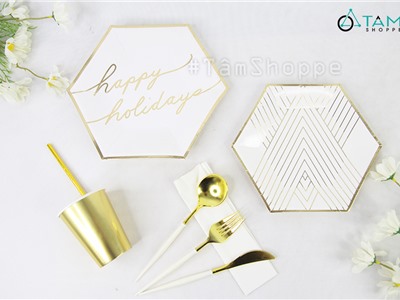 Set đồ giấy chữ Happy Holidays ép kim vàng trang trí tiệc SETDG-03