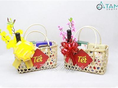 Giỏ quà Tết bằng tre chữ nhật mắt cao quai xách Fullset T-QTFS-01