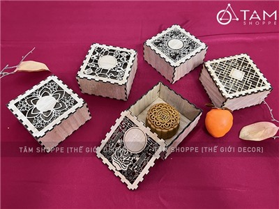 Hộp gỗ đựng 1 bánh Trung thu 5 kiểu hoạ tiết (nhận khắc Logo) HOP-GO-01