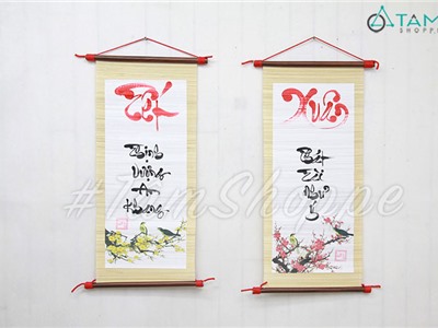 Liễn thư pháp viết tay mành tre chủ đề Tết Xuân D70cm T-LTP-05