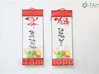 Liễn thư pháp trắng đỏ viết tay chủ đề Tết Xuân D80cm T-LTP-04