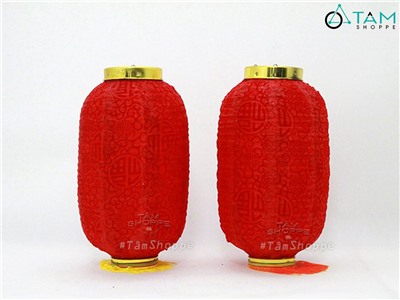 Lồng đèn dài vải đỏ in nhung hoạ tiết [Loại đẹp - Khung sắt] LDEN-VAI-05