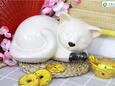  Tượng mèo gốm trắng nằm ngủ D21cm TCV-MEO-01