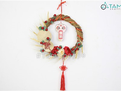 Vòng treo cửa Tết lúa mạch xoáy 2 nón treo lân ĐK30cm T-VTC-28