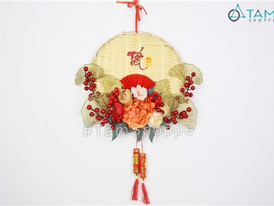 Vòng treo cửa Tết mẫu đơn rẻ quạt 2 nhánh treo pháo ĐK40cm T-VTC-29