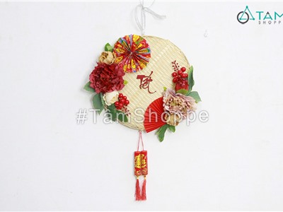 Vòng treo cửa Tết mẫu đơn 2 quạt chữ gỗ  ĐK35cm T-VTC-20