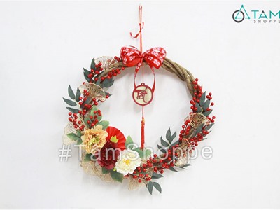Vòng treo cửa Tết hoa mẫu đơn rẻ quạt vòng dây rừng cao cấp ĐK55cm T-VTC-24