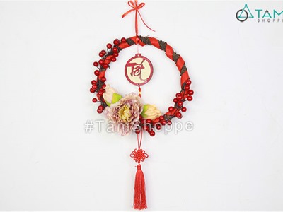 Vòng treo cửa Tết ruy băng đỏ xoáy mẫu đơn nửa vòng ĐK28cm T-VTC-27