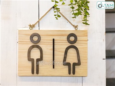 Bảng WC treo cửa icon nam nữ nâu đen nền gỗ tự nhiên BTCK-WC-03