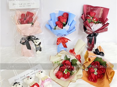 Bó 5 bông hồng sáp kiểu hoa cưới [Tặng Sticker - Gói đẹp] HOASAP-05