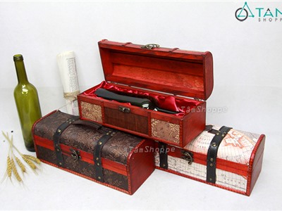 Hộp gỗ đựng rượu vang loại 1 chai dạng rương cổ nằm ngang HDRV-02