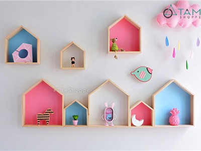Set 03 kệ gỗ treo tường hình ngôi nhà lớn nhỏ nền màu W-KGTT-06