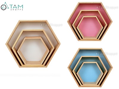 Set 03 kệ gỗ treo tường hình lục giác lớn nhỏ nền màu W-KGTT-07