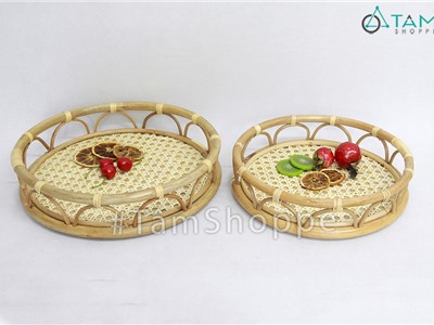 Khay tròn phục vụ mây tre đan khung nhịp cầu KT-02