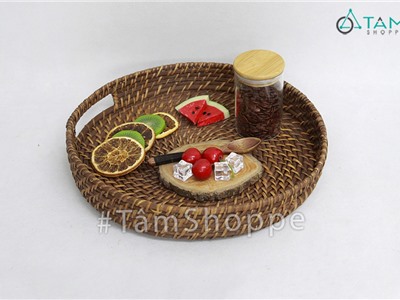 Khay tròn phục vụ mây tre đan kín nâu sậm KT-03
