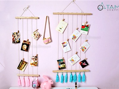 Set khung gỗ treo ảnh 6 dây thừng tua rua + 12 kẹp gỗ + 01 đinh tường W-KhTA-01