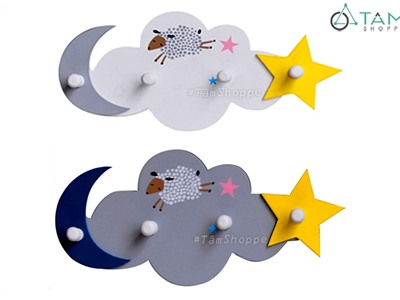 Móc treo đồ gắn tường hình mây trăng sao 4 chốt gỗ W-MTĐ-11