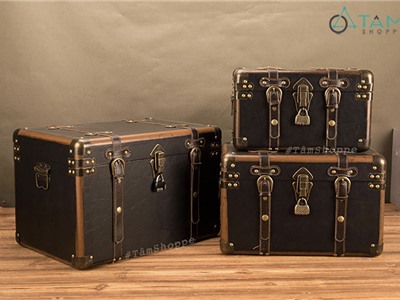 Rương gỗ cổ điển bọc da Vintage đinh tán có khóa RG-03