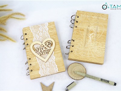 Sổ tay ký tên đám cưới bìa gỗ giấy kraft trang trí cưới TTC-04