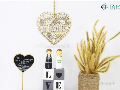 Trái tim gỗ cắt lazer MR & MRS trang trí cưới TTC-03