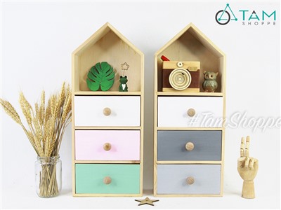 Tủ gỗ để bàn hình ngôi nhà 3 ngăn kéo màu pastel TU-DB-01