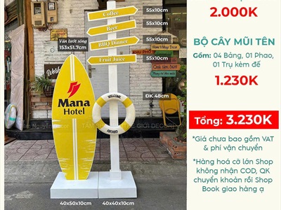 Concept cây chỉ đường decor biển “Summer Direction” + Ván lướt sóng Logo theo yêu cầu [2026 - Tâm Nguyễn Decor] CC-BIEN-2604