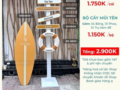Concept cây chỉ đường decor biển “Summer Direction” + Ván lướt sóng Logo theo yêu cầu [2026 - Tâm Nguyễn Decor] CC-BIEN-2604