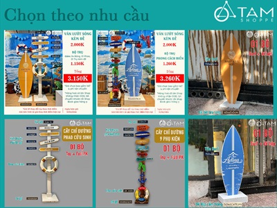 Concept cây chỉ đường decor biển “Summer Direction” + Ván lướt sóng Logo theo yêu cầu [2026 - Tâm Nguyễn Decor] CC-BIEN-2604