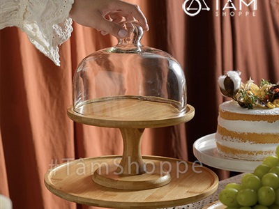 Kệ bánh chụp thủy tinh đế gỗ tre đế cao KEBANH-03