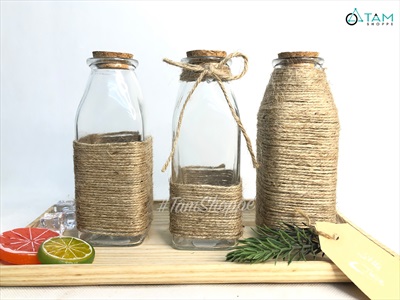 Chai thủy tinh quấn dây thừng trụ vuông cao 16cm [3 kiểu chọn - Kèm nút] CHAILO-HM-03
