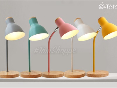 Đèn bàn học đế gỗ chụp phễu 5 màu Pastel Nordic Style DENBAN-02
