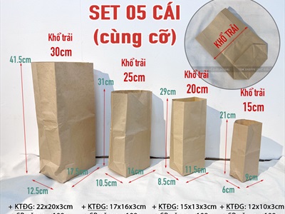 Set 05 túi giấy xi măng kraft đựng đồ cùng cỡ TUIDUNG-02