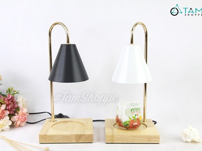 Đèn đốt nến thơm đế gỗ chụp kim loại hình nón (tặng bóng dự phòng) DENDOTNEN-01