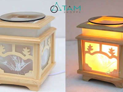 Đèn xông tinh dầu gỗ vuông màu tự nhiên [Tặng bóng đèn] DXTDD-M0080