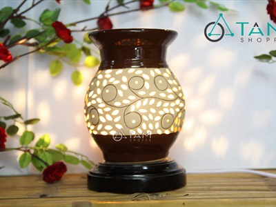 Đèn xông tinh dầu gốm nâu bình bông T0145 [Tặng bóng đèn] DXTDD-GOM-T0145