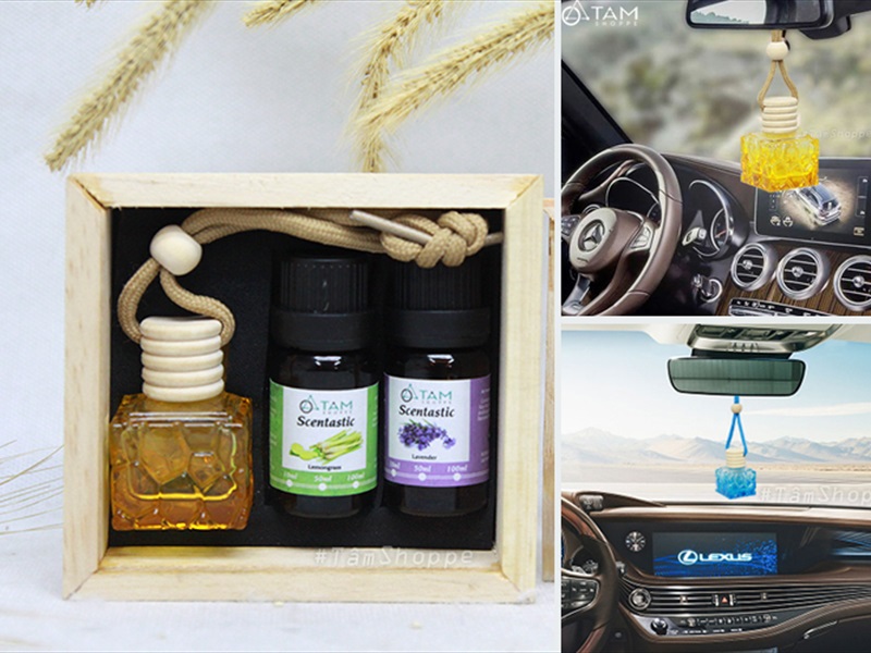 Set 01 lọ đựng tinh dầu treo xe + 02 chai tinh dầu Scentastic 10ml kèm hộp gỗ TD-TX-01