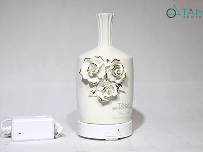 Máy khuếch tán tinh dầu Gốm hoa hồng nổi phun khói siêu âm [Tặng tinh dầu] MKTTD-04