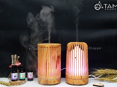 Máy khuếch tán tinh dầu trụ đứng giả gỗ phun khói siêu âm [Tặng tinh dầu] MKTTD-17