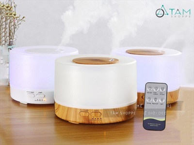 Máy khuếch tán tinh dầu trụ lùn nắp nhỏ viền vân gỗ [Có remote -Tặng tinh dầu] MKTTD-25