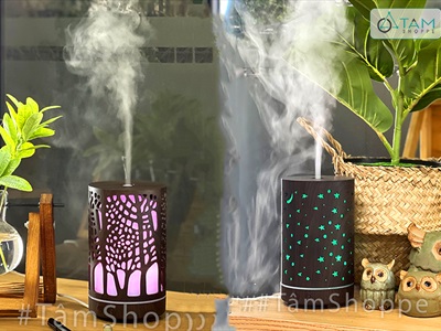 Máy khuếch tán tinh dầu trụ thẳng vân gỗ nâu đen họa tiết phun khói [Tặng tinh dầu] MKTTD-22