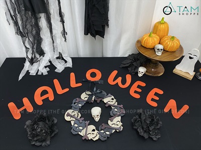 Bộ chữ HALLOWEEN gỗ tông cam chữ tròn [Bằng gỗ - Mỏng nhẹ] CHUGO-15