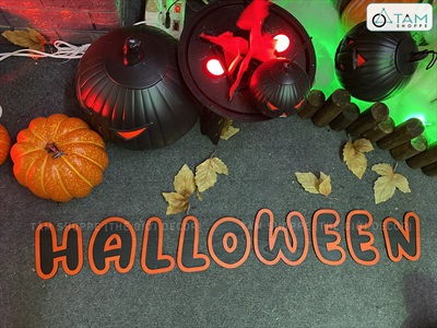 Bộ chữ HALLOWEEN gỗ tông cam chữ tròn [Bằng gỗ - Mỏng nhẹ] CHUGO-15